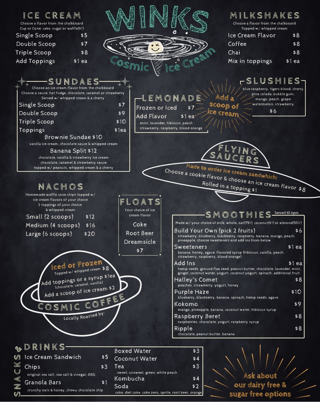 Winks Cosmic Ice Cream Menu