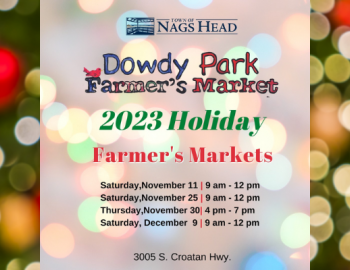 2023 Dowdy Park Farmer's Market Holiday with twinkling lights in the background.