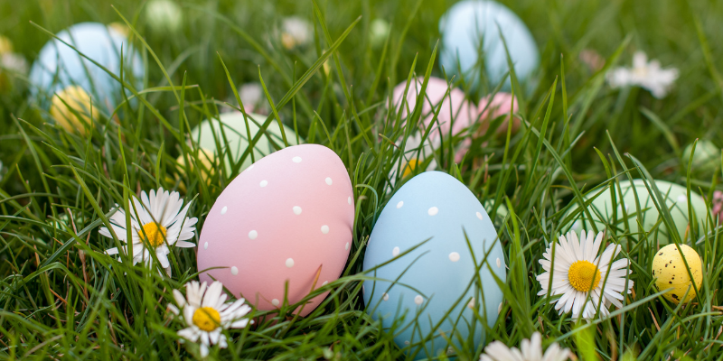 Pink, blue, and green easter eggs in the grass surrounded by flowers.